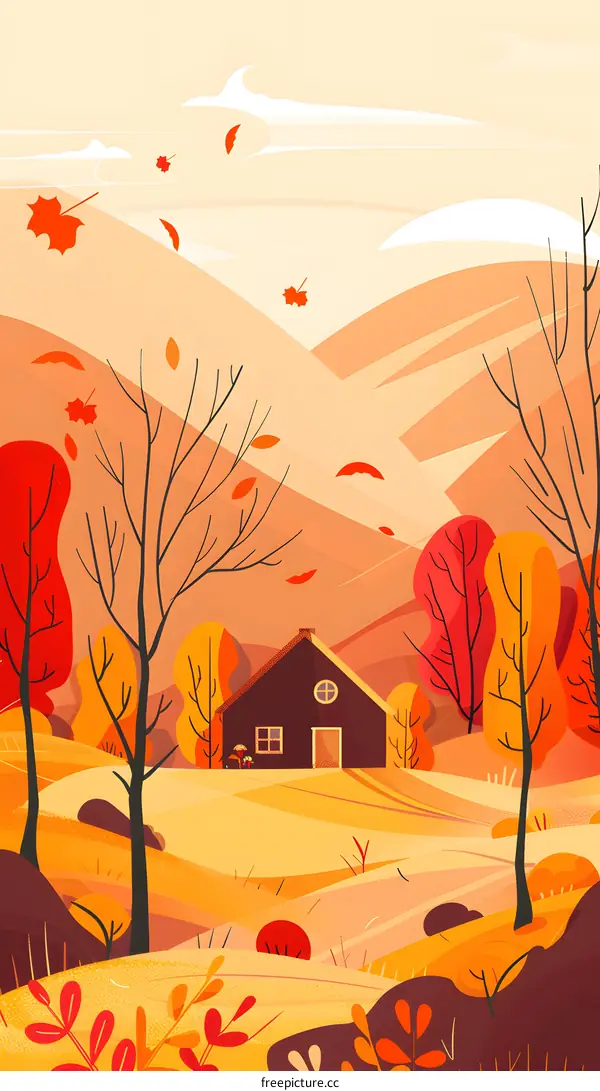 Autumn Landscape Illustration with a House and Trees