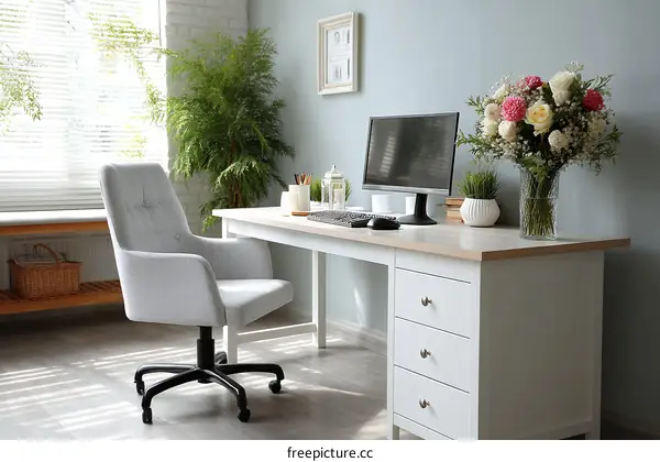 Modern Home Office with Flowers