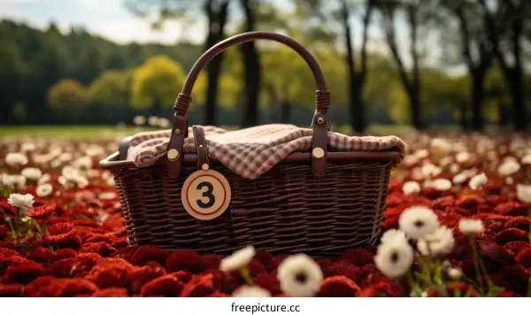 Wicker picnic basket with a brown leather handle and a red and white checkered cloth inside it sitting in a field of red and white flowers