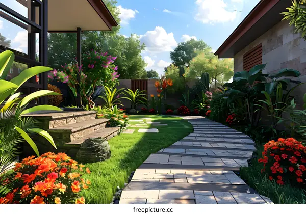 Courtyard with tropical plants and flowers