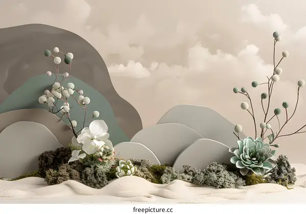 Minimalist Artistic Landscape with Flowers and Greenery