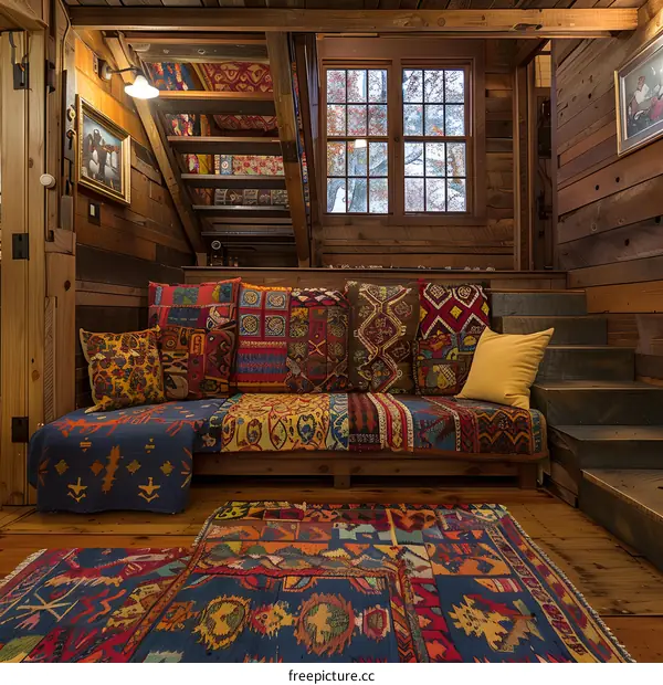 A cozy living room with a colorful sofa and a patterned rug