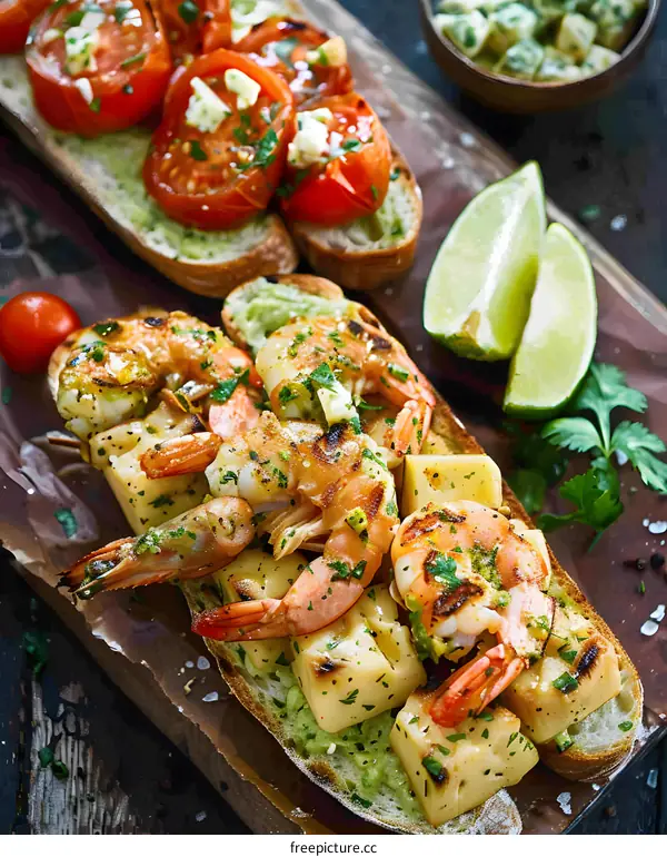 Grilled Shrimp and Tomato Bruschetta with Avocado Pesto