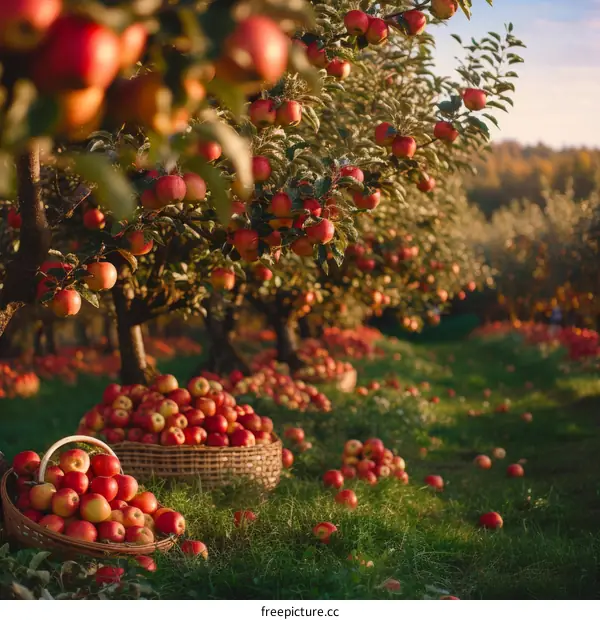 An orchard full of ripe apples ready to be harvested