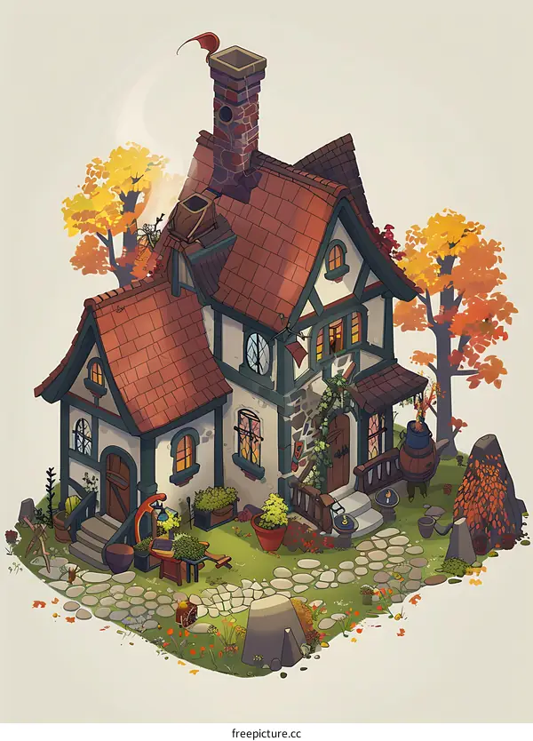 Autumn Cottage with Red Roof and Stone Chimney