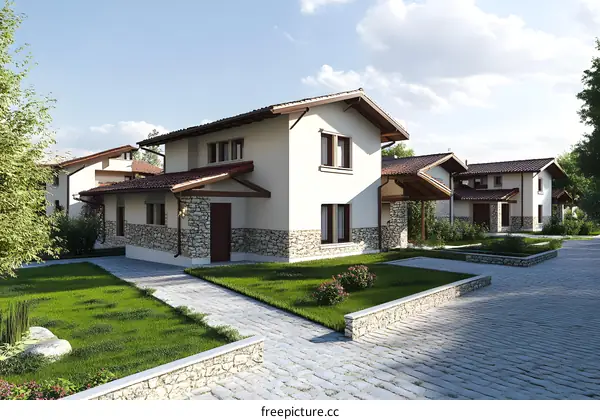 Modern House Architecture Design With Stone Wall And Green Grass