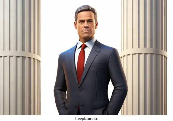 A رجل in a suit standing between two columns