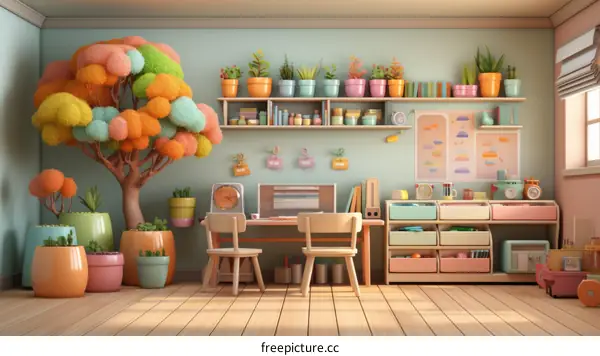 Colorful Classroom Interior with Computer Desk and Bookshelves