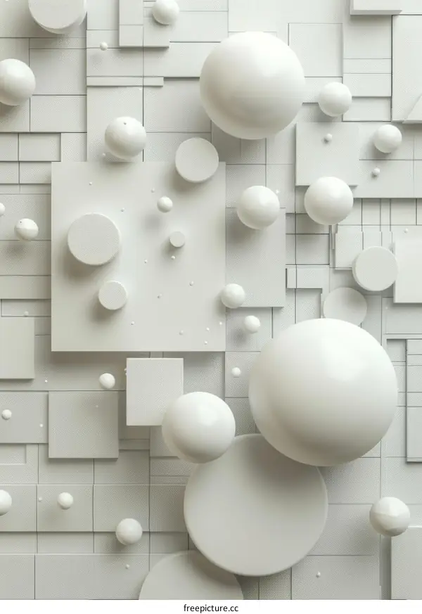 3D rendering of a white geometric pattern with floating spheres