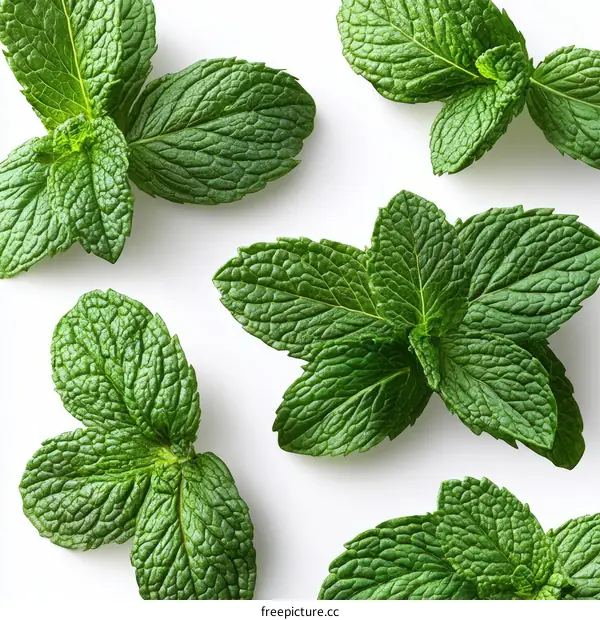 Fresh Mint Leaves Pattern on White Background