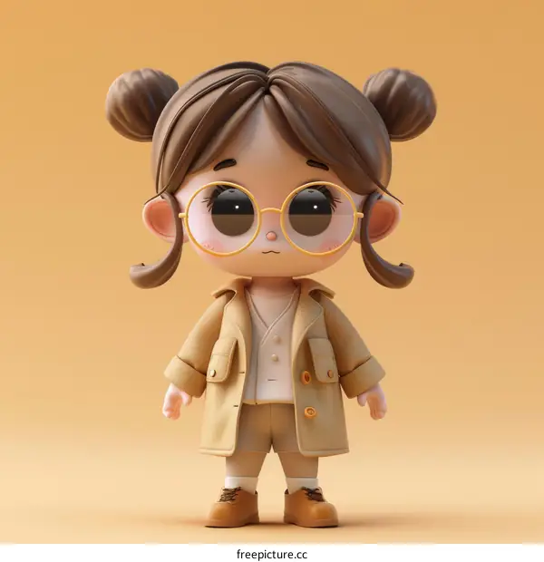 Cute 3D Cartoon Girl with Glasses Wearing a Brown Coat