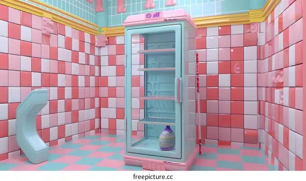Pastel Pink and Blue Checkered Bathroom with Fridge