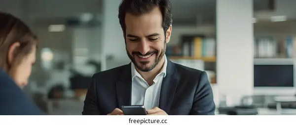 Smiling Businessman Using Smartphone in Office