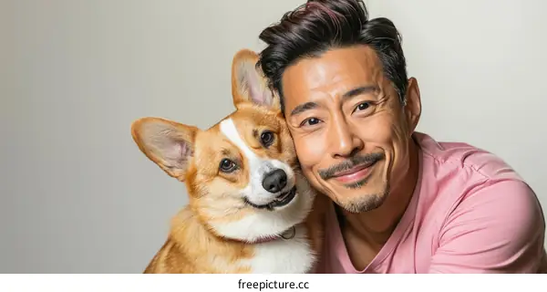 Asian man with a Corgi dog