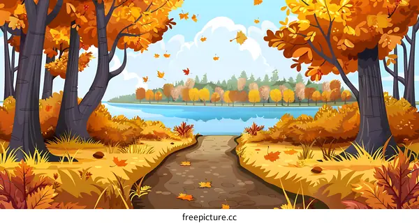 Autumn Forest Path Leading to Lake