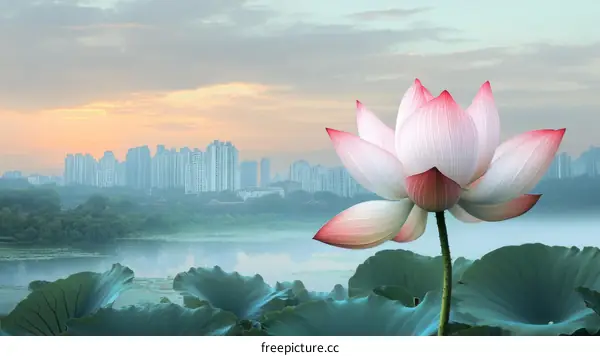 Peaceful Lotus in Cityscape Sunrise