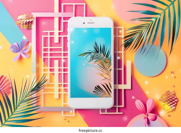 Summer Phone Background With Tropical Leaves And Geometric Shapes