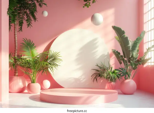 Stylish Pink and Gold Geometric Cylinder with Indoor Palm Tree