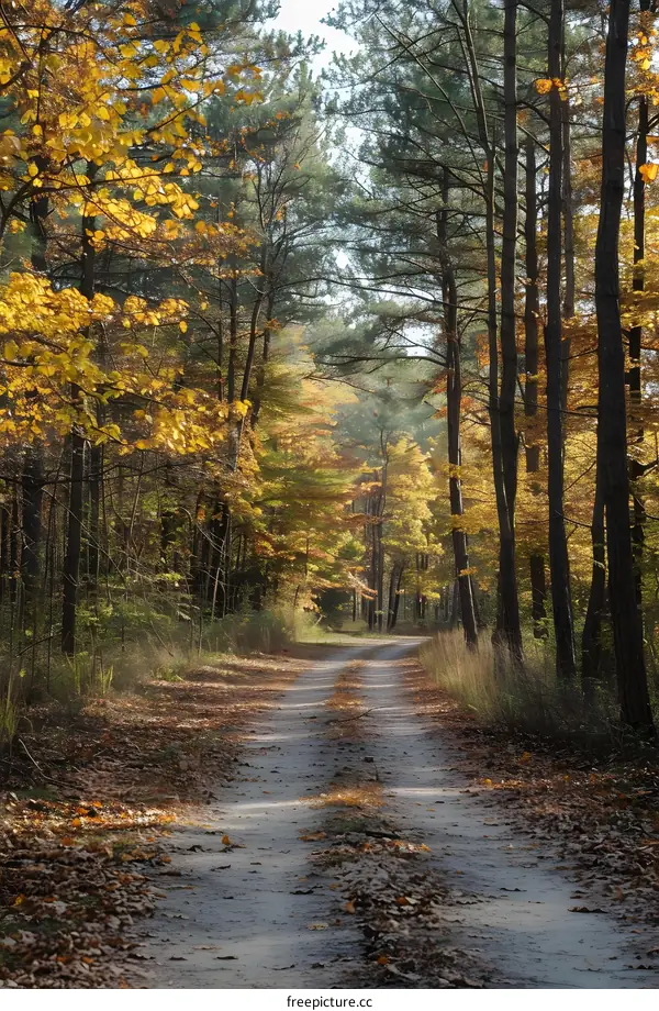 Autumn Forest Path with Sunlight and Fall Foliage