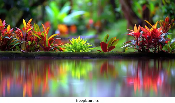 Vibrant Tropical Plants Reflected in Water