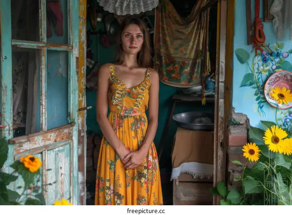 Woman in a Yellow Dress in a Rustic Interior