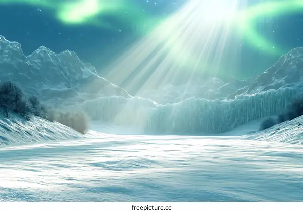 Winter Landscape with Frozen Mountains and Aurora Borealis