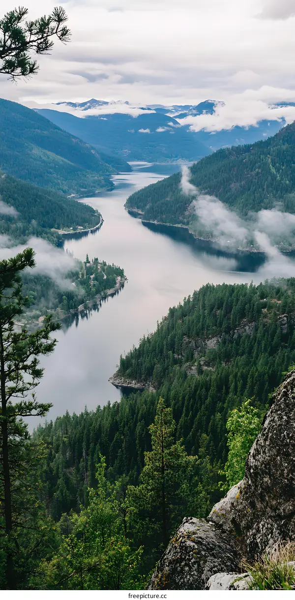 Aerial View of a Serpentine River Flowing Through Lush Green Mountains