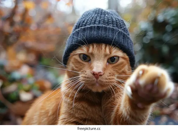 ginger cat wearing a black beanie