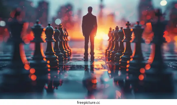 A businessman standing in front of a chessboard with a city in the background.