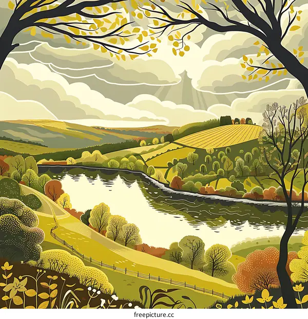 Autumn Landscape with River and Hills