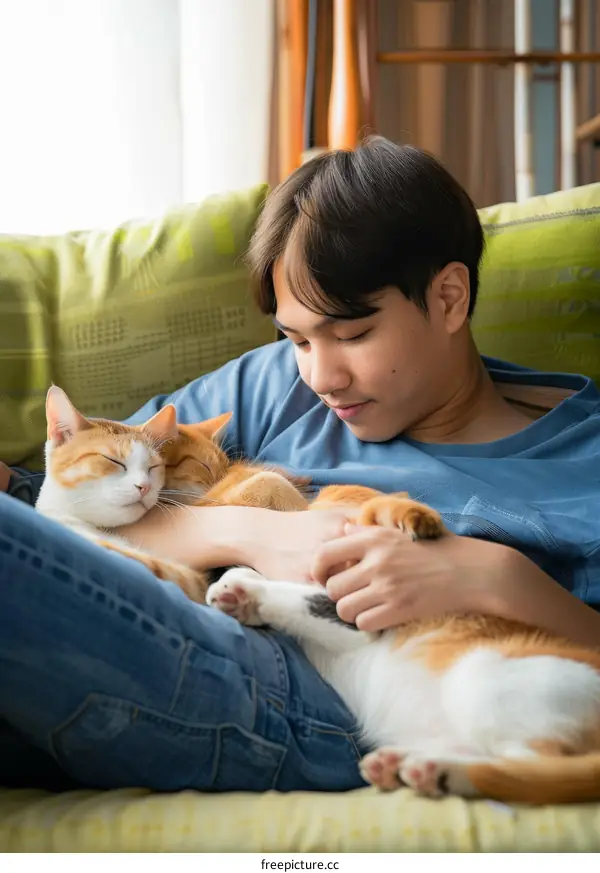 A young man is relaxing on a couch with two cats sleeping on him.