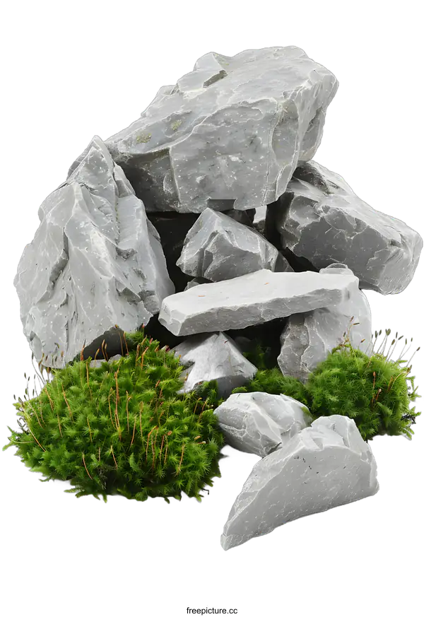 [Transparent Background PNG]Gray Rocks and Green Moss on White Background