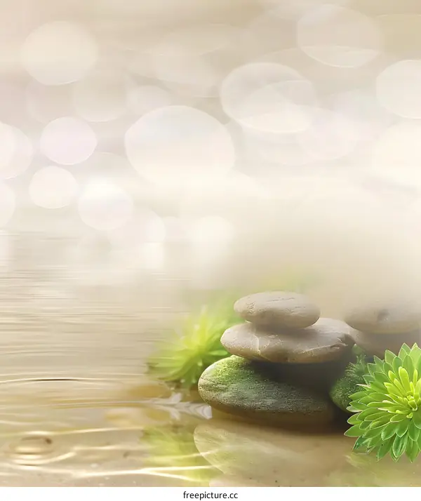 Zen Stones and Plants in Water with Bokeh Background
