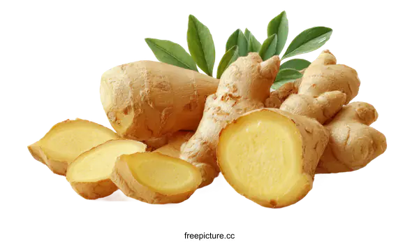 [Transparent Background PNG]Fresh Ginger Root with Leaves and Slices