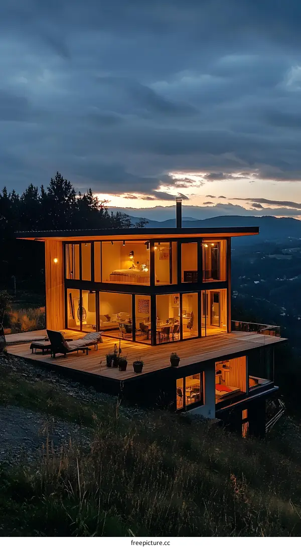 Modern Glass House on a Hillside at Sunset