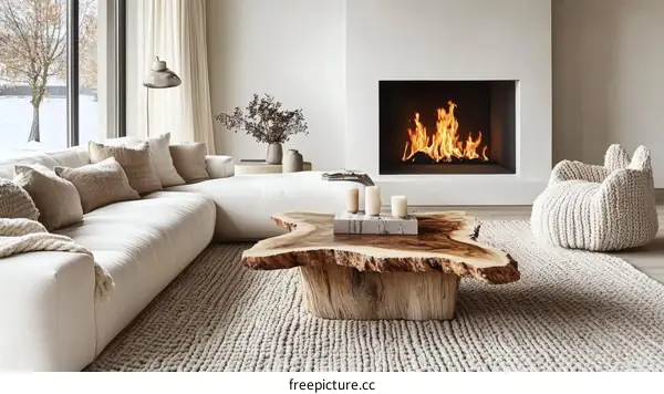 Modern Minimalist Living Room with Fireplace and Wooden Coffee Table