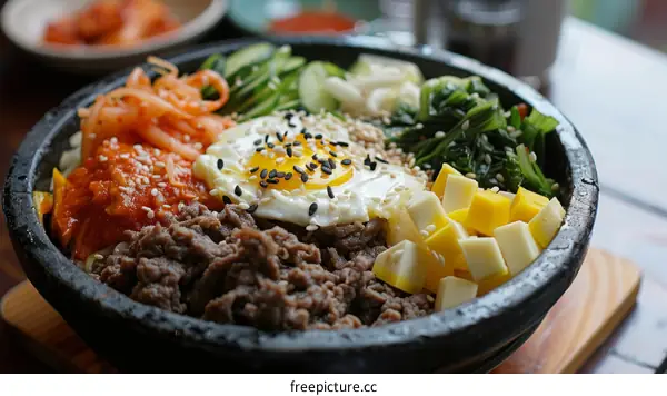 Korean food dolsot bibimbap with beef, egg, vegetables and kimchi