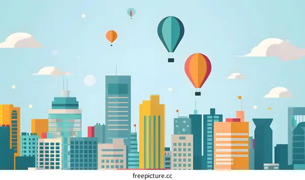 Flat Design City Skyline With Hot Air Balloons
