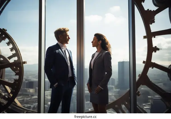 Business conversation between a man and a woman in suits in an office