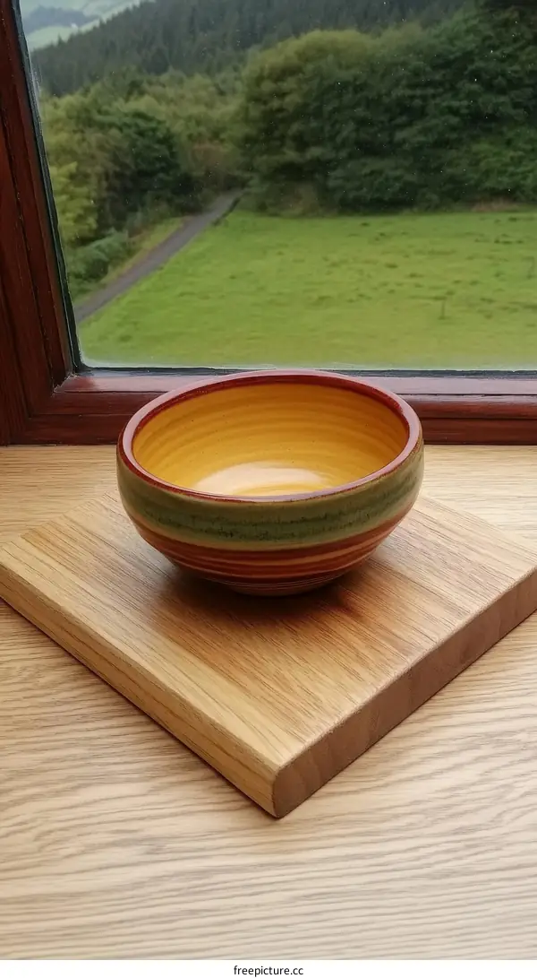 Colorful Ceramic Bowl on Wooden Cutting Board with Scenic View