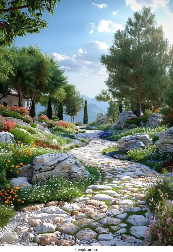 Stone Path Through a Lush Garden