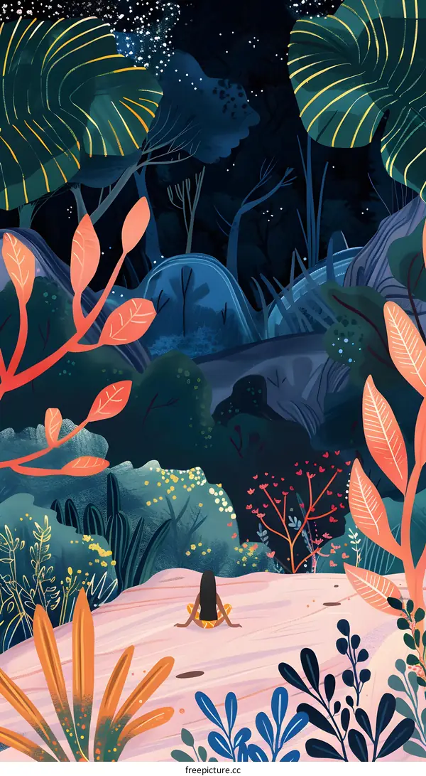 Woman Sitting in a Forest with Stars in the Sky