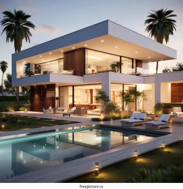 Modern luxury villa with pool and palm trees