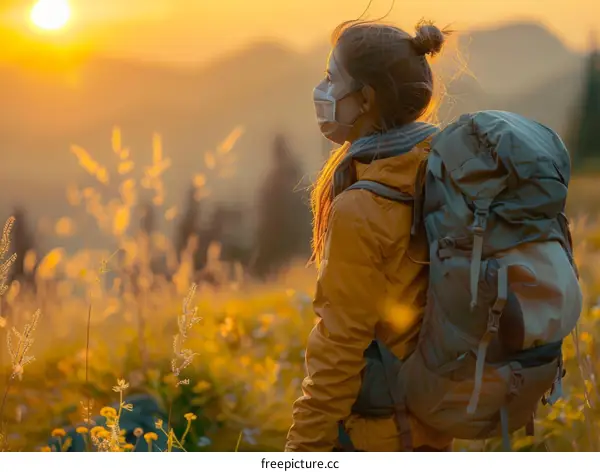 woman wearing a mask hiking in the mountains at sunset