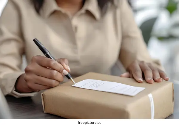 African Woman Signing for Package Delivery
