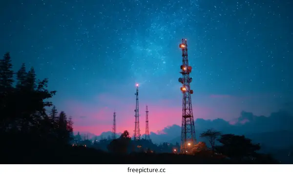 Starry Night Sky with Communication Towers