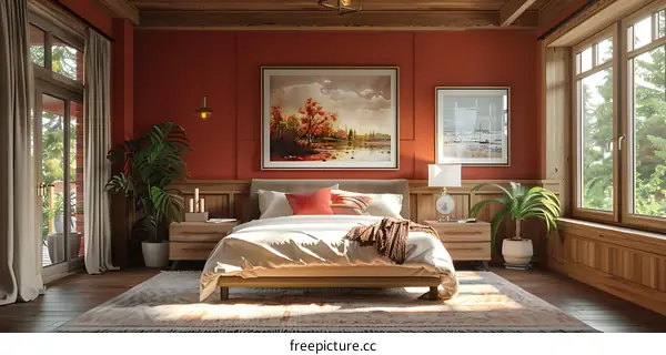 A cozy bedroom with a large bed, a red wall, and a painting of a forest.