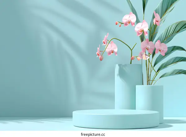 Pastel Blue Minimalist Background With Orchid Flower