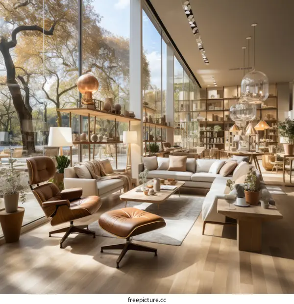 A modern living room with a large window looking out onto a park