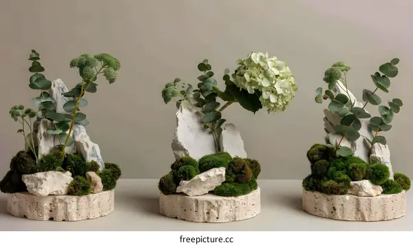 White Stone And Green Plants In A Minimalist Setting